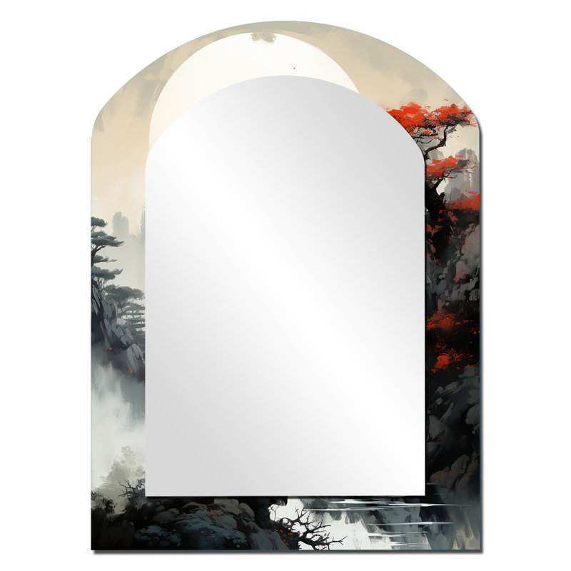 Asian Art Samurais Landscape III - Mid-Century Modern Arch Wall Mirror, 34" x 25"