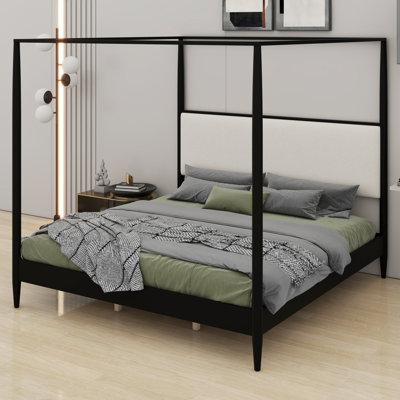 Cadre de lit à baldaquin avec un design à 4 colonnes de style milieu du siècle et une tête de lit moelleuse pour des chambres inspirées des boutiques.