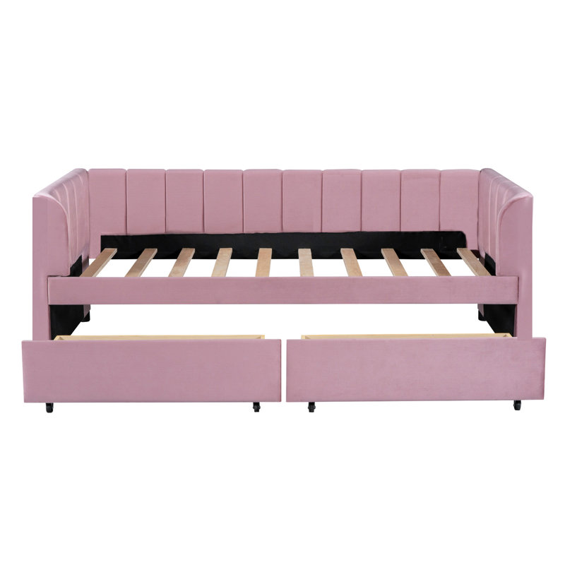Lit de jour simple rembourré avec dossier ergonomique et 2 tiroirs, Rose