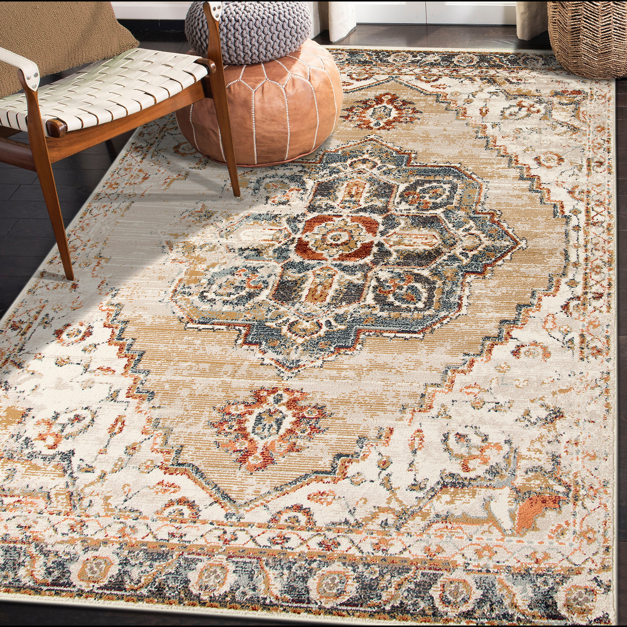 Bungalow Rose Hanna Traditional Medallion Low Pile Performance Area Rug ...