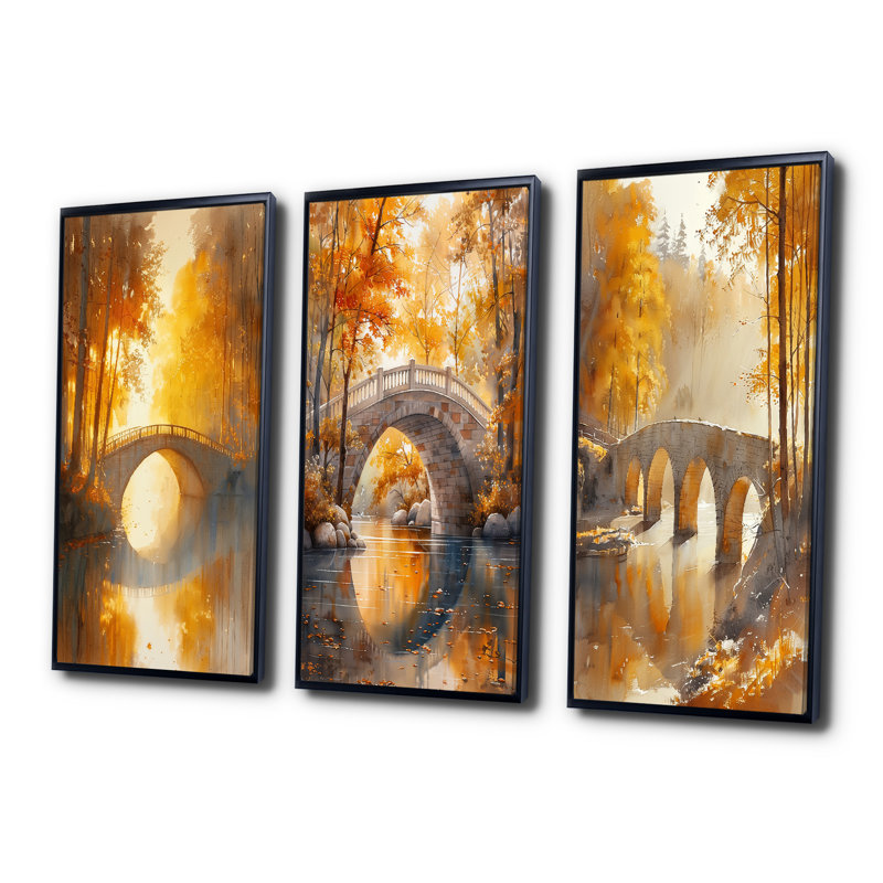 Jaune et beige, automne, rivière de beauté I - Collection d'art mural Bridges, H 40 po x l 60 po, Noir