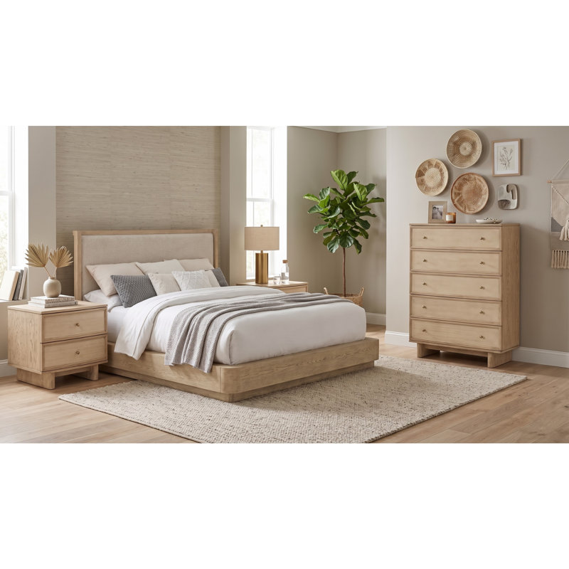 Keira Beige Oak Queen 4-Piece Bedroom Set, 4 Pcs: Bed, Chest, 2 Nightstands