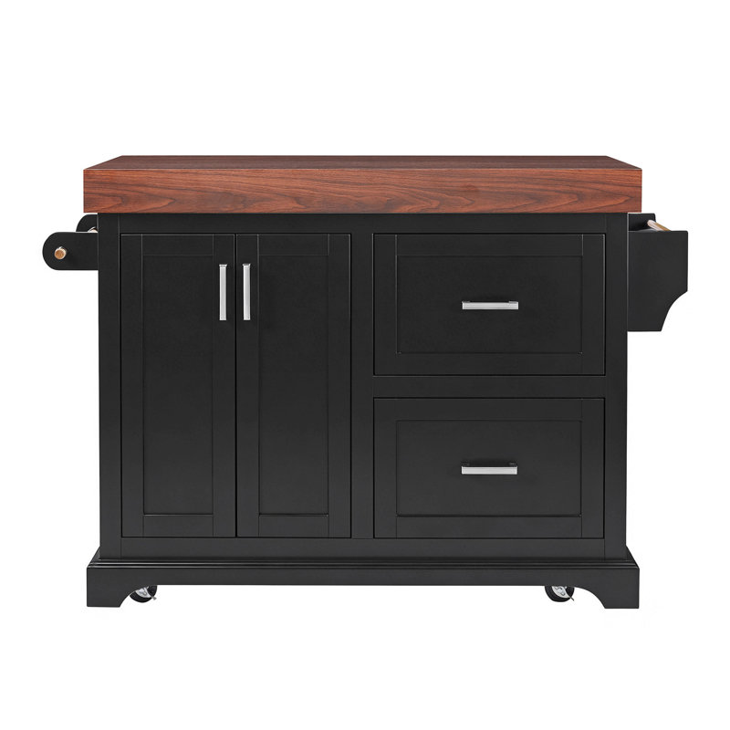 K&K 53" Large Kitchen Island with 3.5" Thick Desktop, Spice and Towel Racks, Rolling Kitchen Island with Storage on 5 Wheels, 2 Extra-large Drawers, for Home, Kitchen, Dining Room, Black