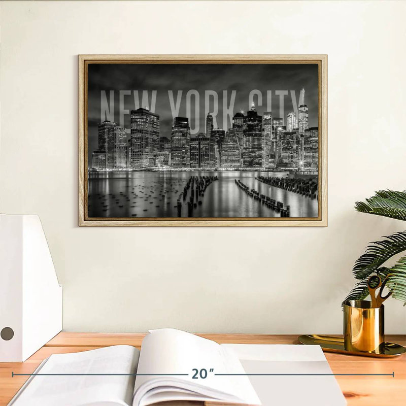 Horizon de New York monochrome, 13 po x 9 po, Cadre flottant en bois naturel