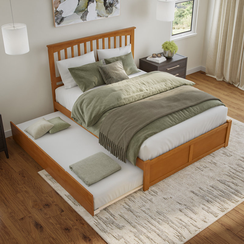Mission Solid Wood Platform Bed with Panel Footboard and Roll Out Trundle, Queen