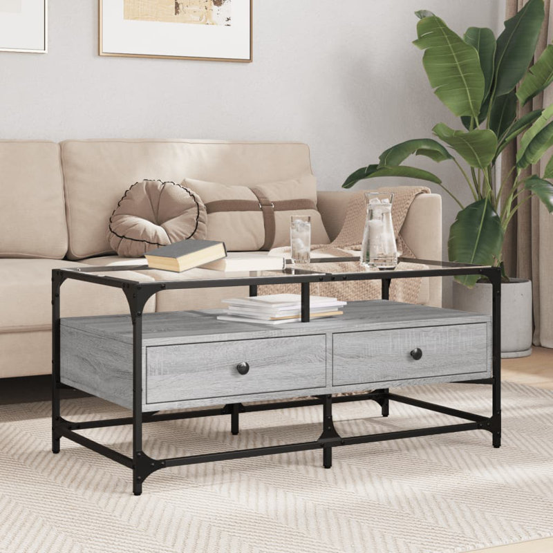 Alarnah Coffee Table with Storage, Black/Grey Sonoma