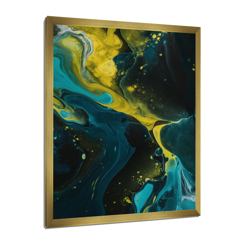Sarcelle et jaune liquide Dreams I sur toile, H 32 po x l 24 po x P 1 po, Cadre doré à une seule photo