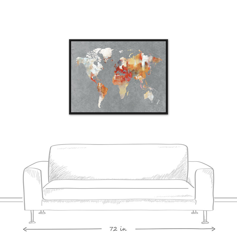 « world map », reproduction de peinture à l’aquarelle sur toile horizontale, H 31,75 po x l 41,75 po x P 1,75 po, Cadre noir
