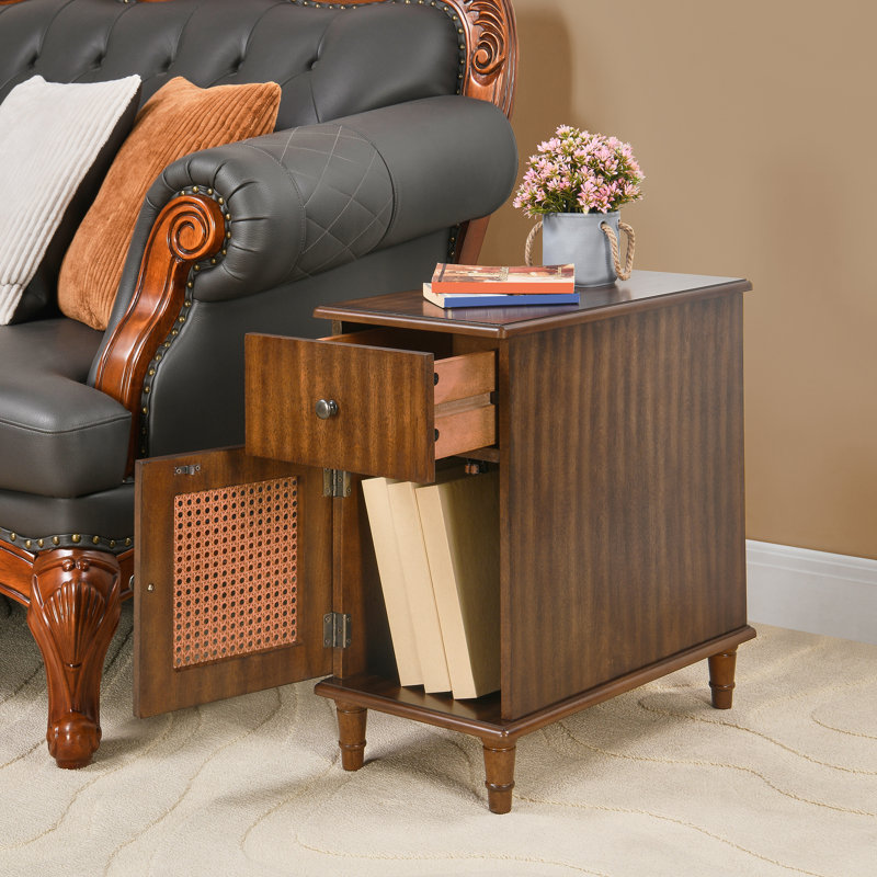 Wood Rattan Side Table with Storage