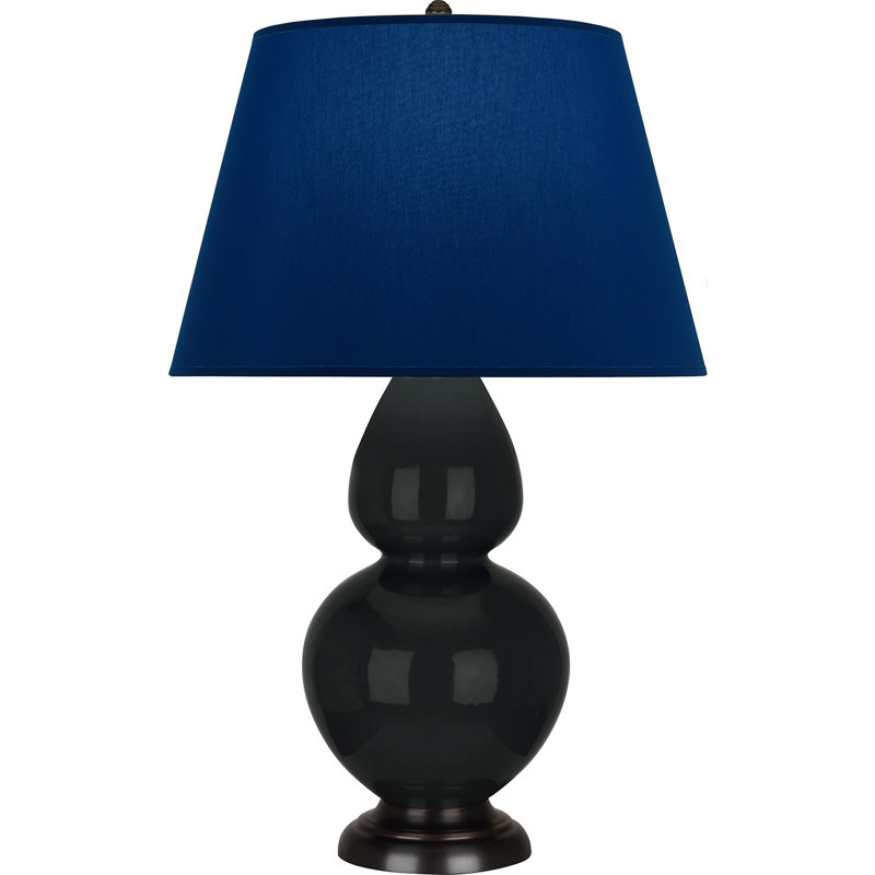 Lampe de table double gourde en céramique, Bleu marine/gris, Obsidienne vernie / bronze, Bronze
