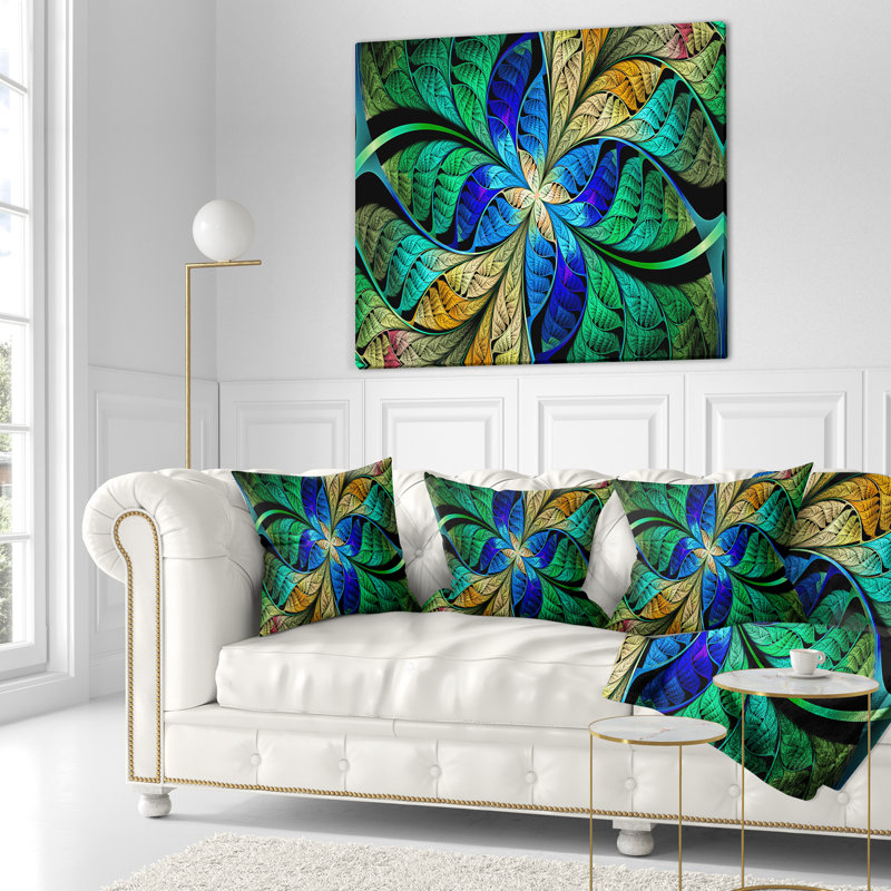 Pétales de fleurs bleu vert fractal - coussin imprimé abstrait, 16 po x 1 po, Coussin décoratif