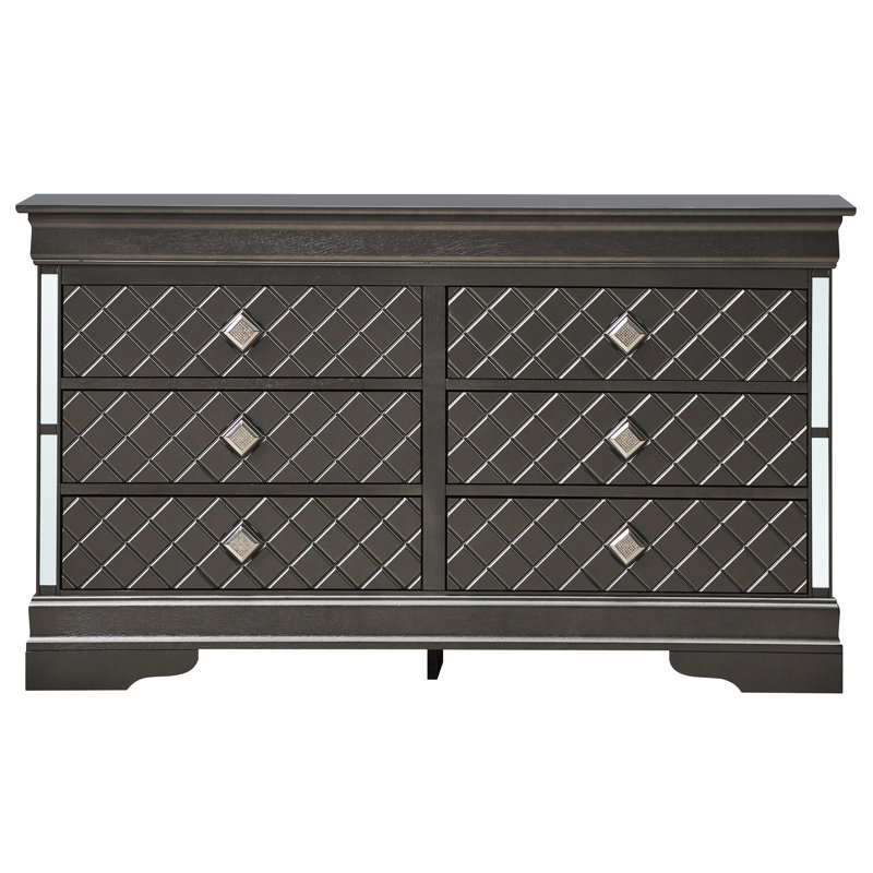 Commode G6702-d - Panneau de particules noir avec détails argentés texturés et tiroirs en queue d'aronde