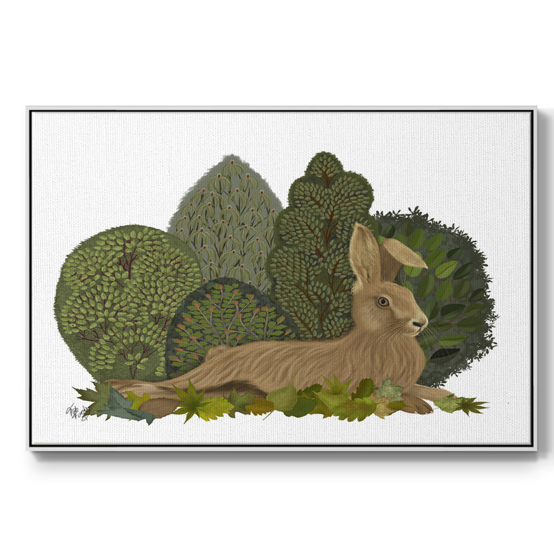 Hare couché sur des feuilles, reproduction sur toile, H 17 po x l 25 po x P 2 po, Toile encadrée flottée blanche