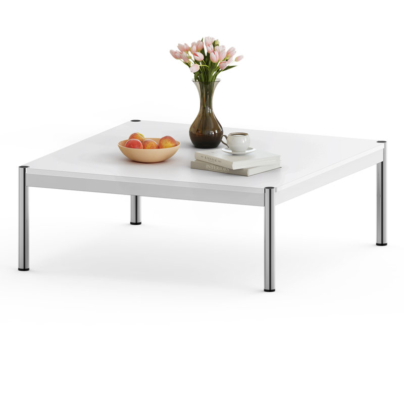 Brothir 39.4'' Wood Top Square Coffee Table with Stainless Steel Base 3 Min to Assemble, White