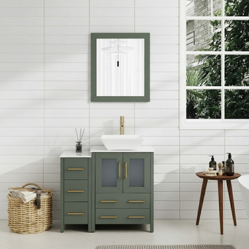 Ravenna 36" Freestanding Single Sink Bathroom Vanity with Engineered Marble Top and Matching Mirror, Vintage Green