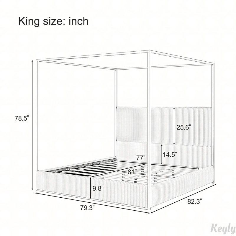 Metal Canopy Bed with Tall Upholstered Headboard and Four Poster, No Box Spring Needed, King, White
