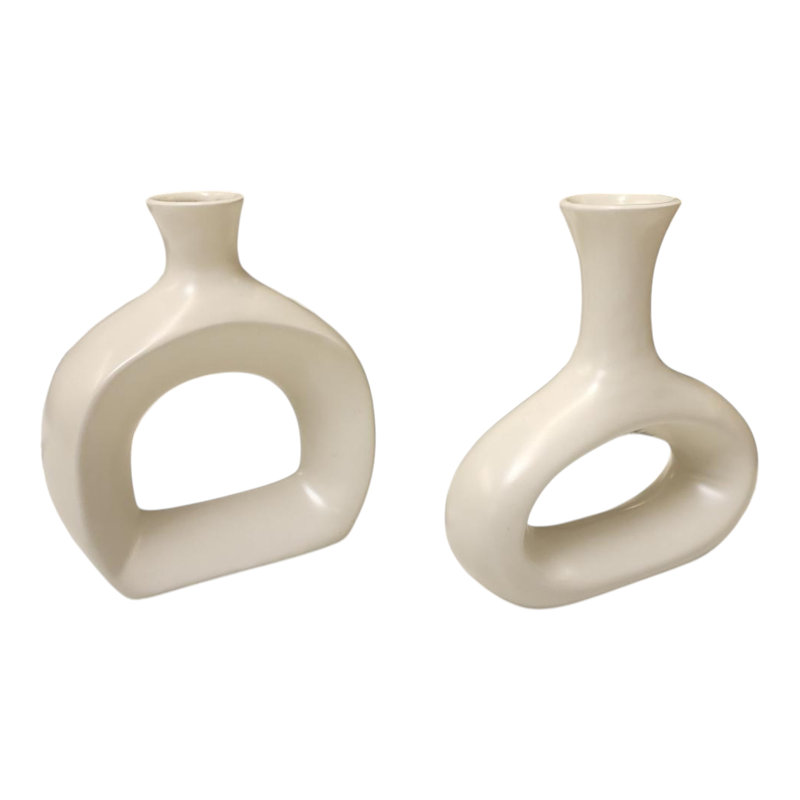 Vases de table sculpturaux modernes en céramique pour la décoration intérieure - Grand vase ouvert à fleurs pour le salon ou une étagère - Lot de 2, 18 cm et 15 cm, ivoire et blanc