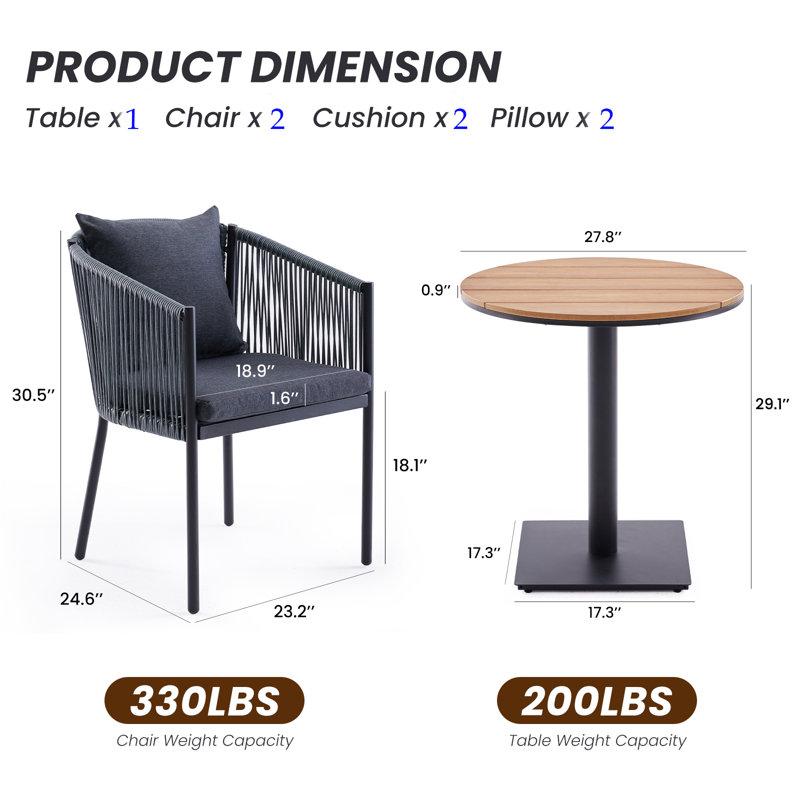 Wilmette 2 Person Patio Bistro Set with Removable Cushion, Gray, Gray