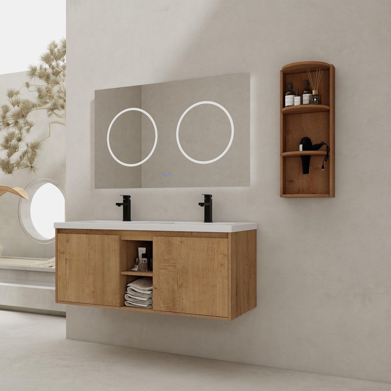 Meuble-lavabo mural 48 po avec double lavabo et support de rangement, portes à fermeture douce
