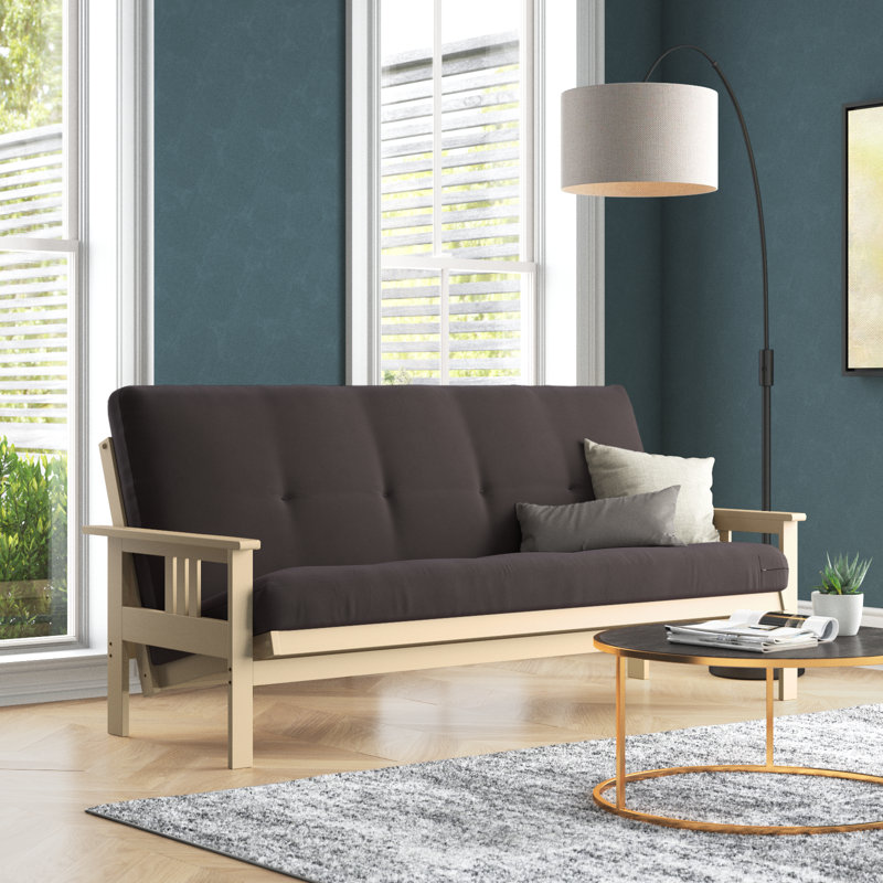Lakel Full-Size Futon Frame Includes 6" Innerspring Mattress, Antique White, Gray Polyester