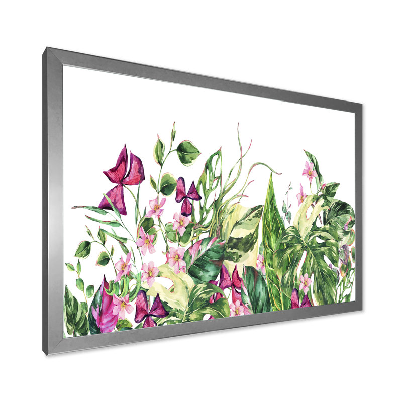 «Vintage Floral Tropical Leaves I», reproduction d'art sur toile, H 30 po x l 40 po x 1,5 po, Encadrement argenté