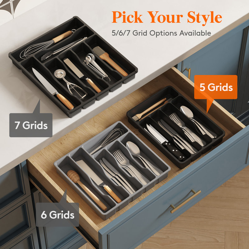 Cutlery Drawer Organiser, Cutlery Tray, Kitchen Utensil Holder For Fork, Spoon, Knife Storage Organisation Small, 5 Compartment, Black