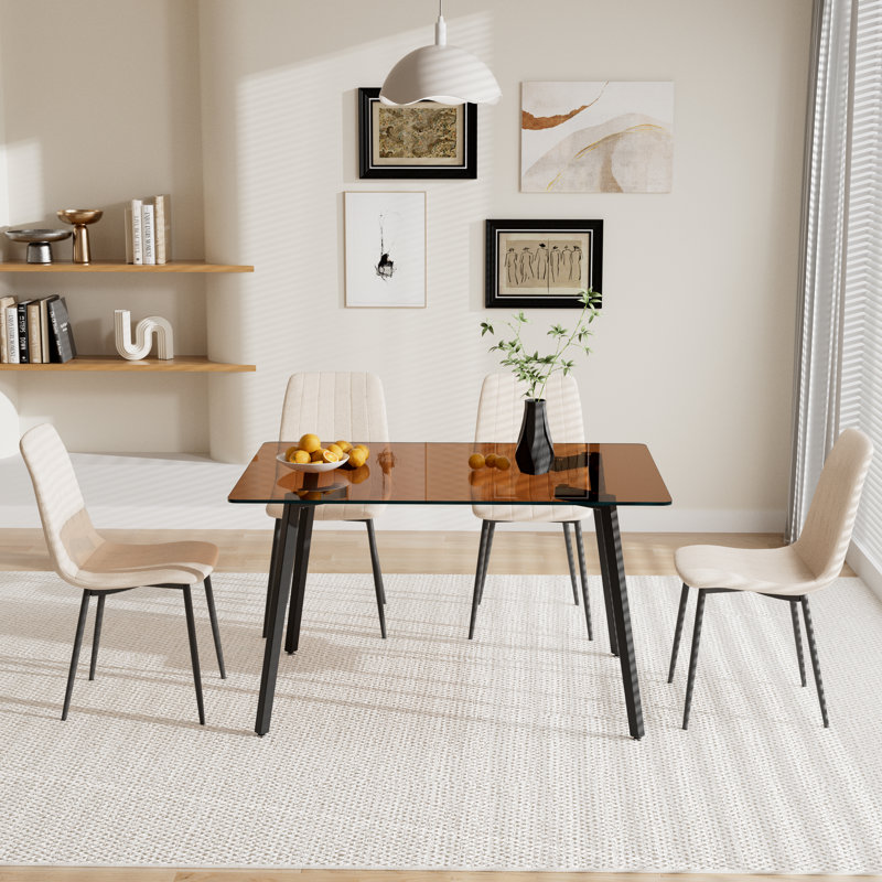 5 - Piece Rectangle Glass Dining Set, Beige, Brown
