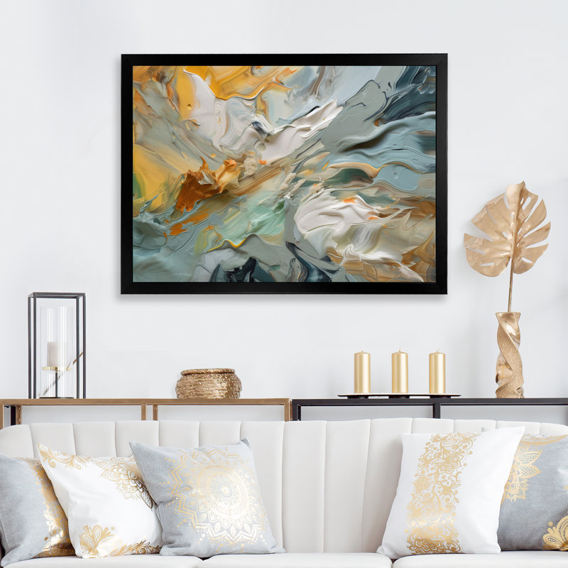 "Spring Joy" abstrait en bleu clair et or - reproduction d'art sur toile, H 16 po x l 32 po x P 1 po, Cadre simple noir