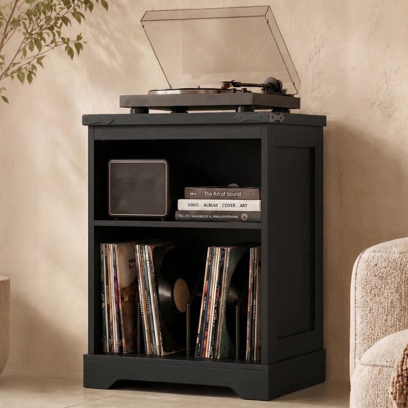Support pour tourne-disque 29,8 "de style maison de campagne, armoire de rangement pour disques vinyle avec séparateurs en métal
