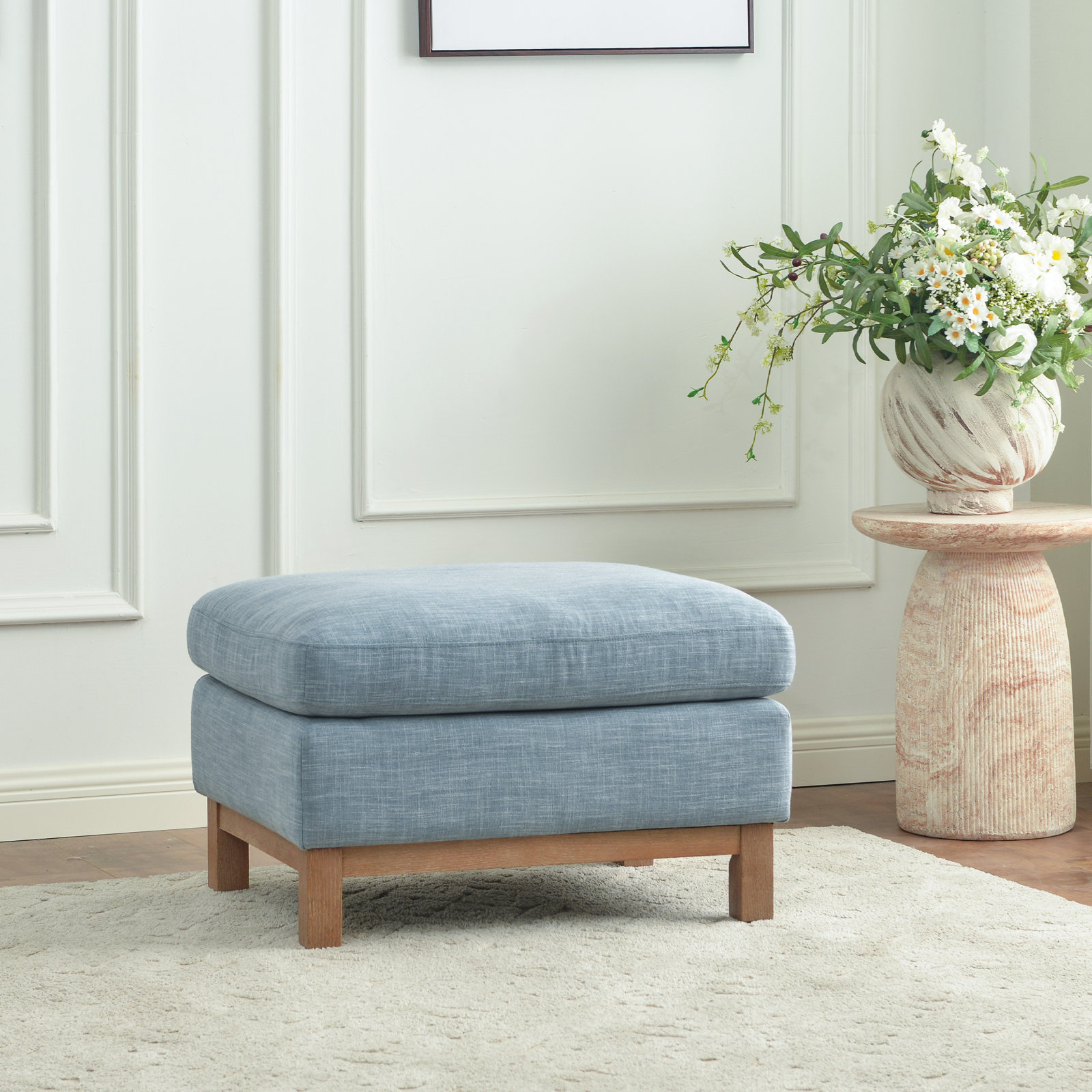 Cami 30" Ottoman, Sky Blue Linen Blend