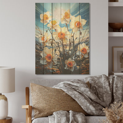 Jonquille fleurie soleil - jonquilles, art mural sur bois de pin naturel