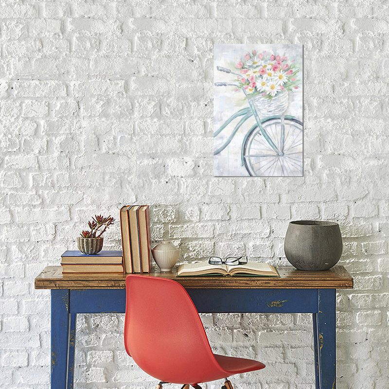 Vélo avec panier de fleurs - Peinture sur toile, H 26 po x l 18 po x P 1,5 po, Toile tendue, Pas de tapis