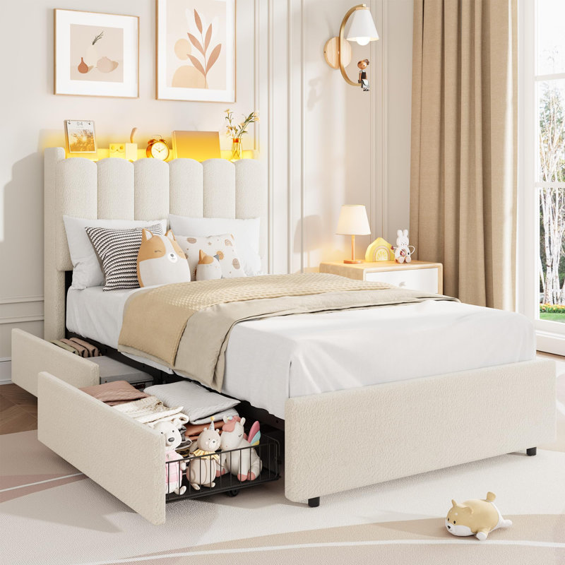 Twin Size Upholstered Platform Bed Frame with LED Lights, Storage Headboard with Bookcase & 2 Under-Bed Drawers, Strong Wood Slats, Chic Wavy Design, No Box Spring Needed, Easy Assembly - White