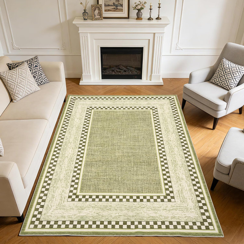 9x12 Checkered Area Rug, Washable Non Slip Low Pile Rug for Bedroom Living Room, Green, Rectangle 9' x 12', Green