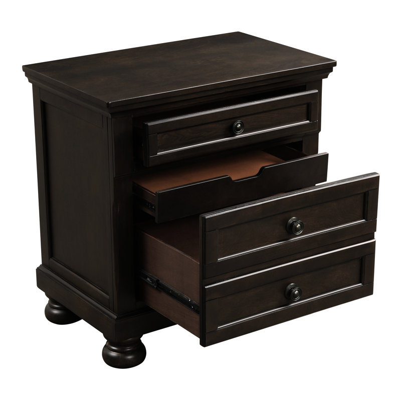 Table de chevet de chambre à coucher avec aspect brun grisâtre - 2 tiroirs, bois d'ingénierie, ornement en bois au fini transitionnel, accessoire d'ameublement