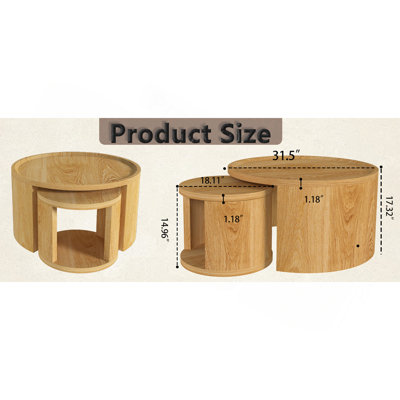 Round Nesting Coffee Table Set of 2 Modern Low Tables, 31.5" Big 18" Small Stacking Side Table with Wood Top, Minimalist Center Table for Living Room Bedroom Small Space