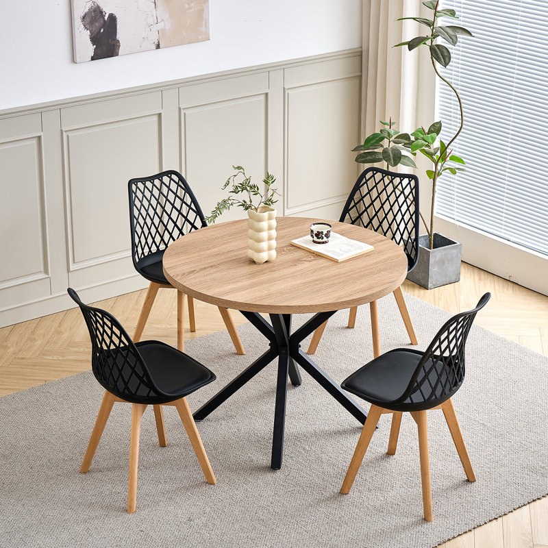 Dining Chairs - Nordic Style Dining Chair - Mesh Backrest - Solid Wood Legs, Black, Set Of 4