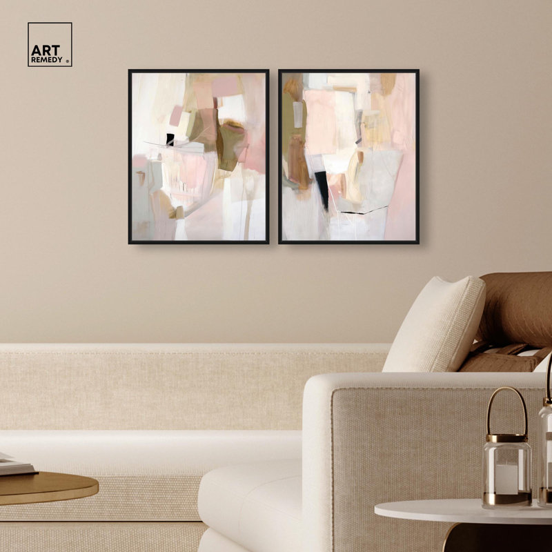 Ensemble de 2 décorations murales Essence Beige and White Harmony par Art Remedy, cadre noir, 16 x 20, H 21 po x l 17 po