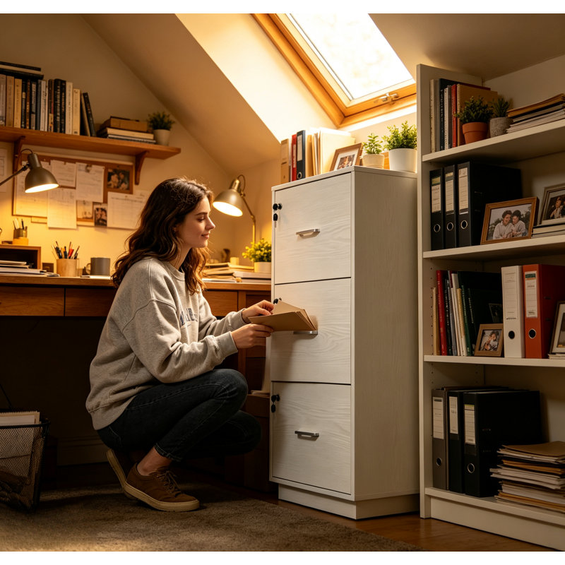 Classeur vertical verrouillable à 3 tiroirs, aspect bois blanc, meuble de rangement de bureau autoportant avec clés