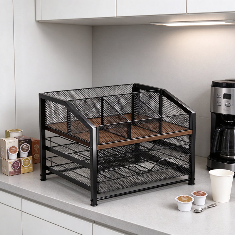 Coffee Bar Organizer with Adjustable Dividers, Metal and Wood Coffee Pod Holder Stand, Multi-Tier Storage for K-Cups, Syrup Bottles, Mugs and Tea Bags
