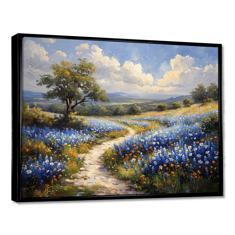 «Blue Green Summer Meadow Charm Blue Bonnets III - Blue Bonnets», reproduction d'art, Toile avec cadre flottant noir