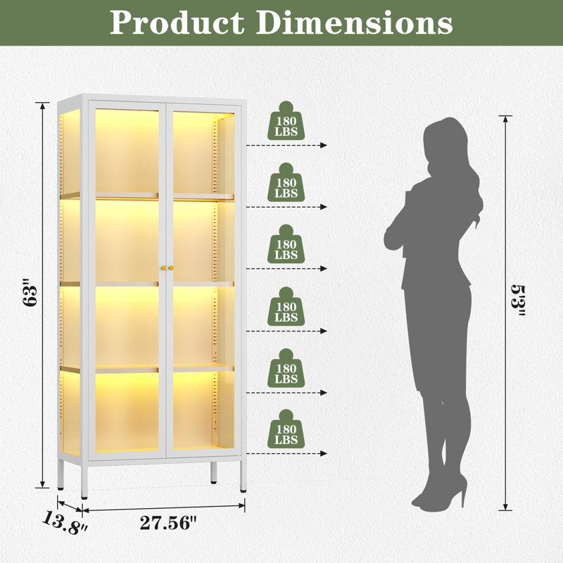 3-Sided Glass Dining Cabinet With Lights, Metal Display Stand, White