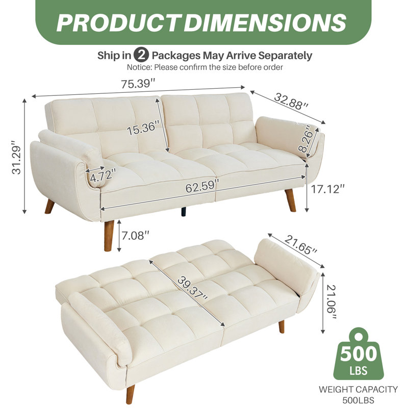 Kamaren Full 75.39" Futons Upholstered Convertible Sofa, Ivory Polyester Blend