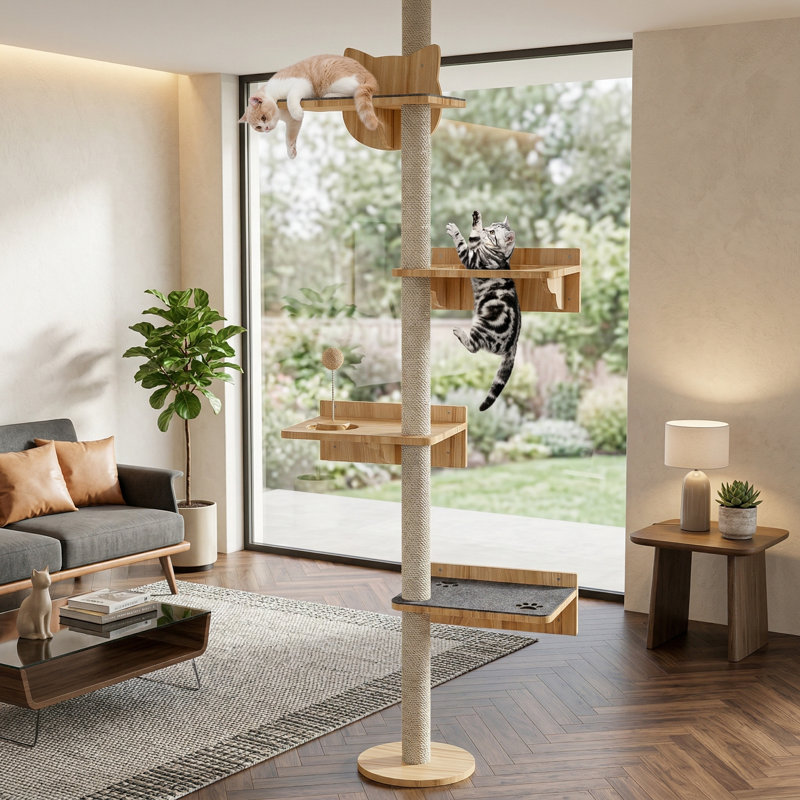 Arbre à chat mural, poteau à griffer en sisal de 63 po de haut, perchoir à tablettes pour chat, 2 tapis antidérapants, boule de jeu en bois, tour de chat pour chatons de taille moyenne et grande
