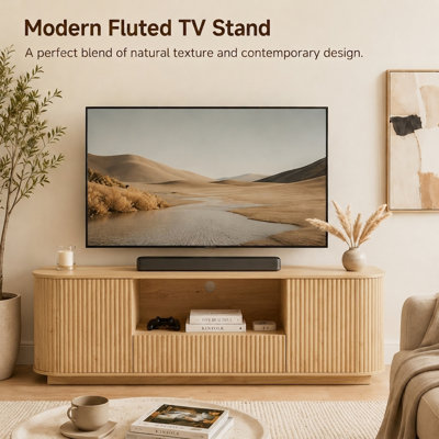 64" Fluted TV Stand For Tvs Up To 70", Mid-Century Modern Wood Media Console With Rounded Sides And Storage, Natural Oak Finish Sideboard For Living Room