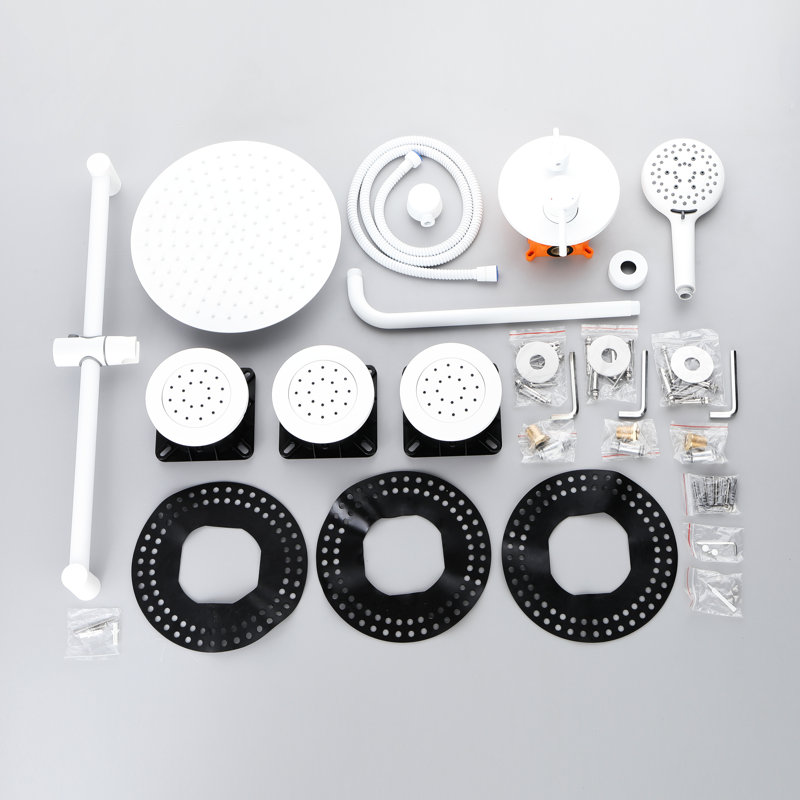 Shower System With White Brass Components: Head, Hand Shower, Slide Bar, Bodysprays - Wall Mounted Installation Version Option Including Bar And Body Spray