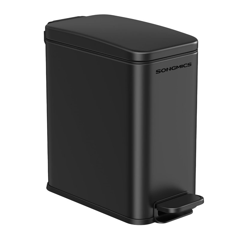 Slim Black Stainless Steel Rectangular Trash Can with Pedal