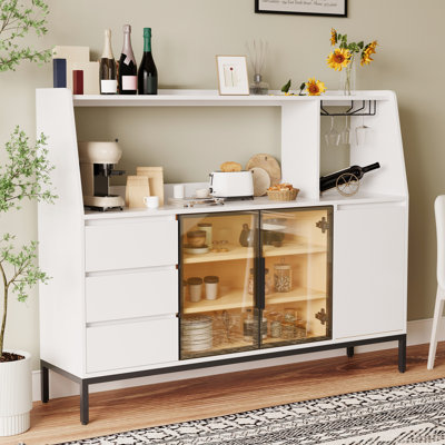 Buffet multifonctionnel blanc avec 3 tiroirs, porte en verre et porte-gobelet à vin pour la cuisine