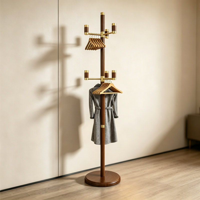 Solid Rubber Wood Floor Coat Rack, Walnut