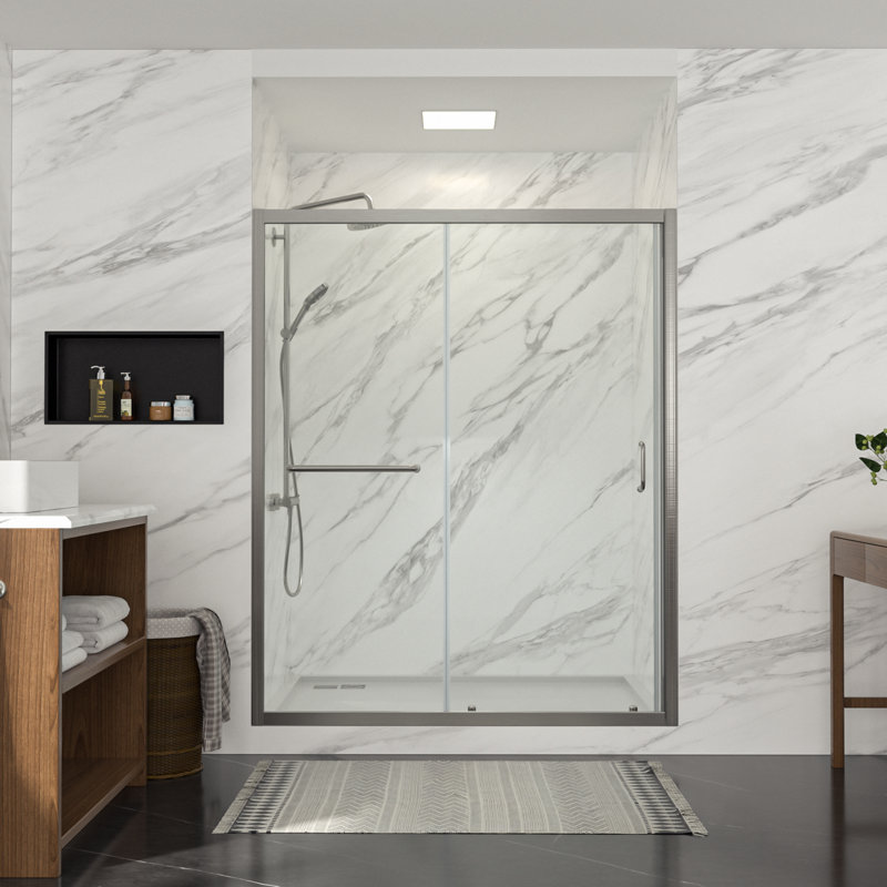 60" W x 72" H Frameless Bypass Sliding Shower Door  Bathroom Tempered Glass Shower Door with Handle, Brushed Silver